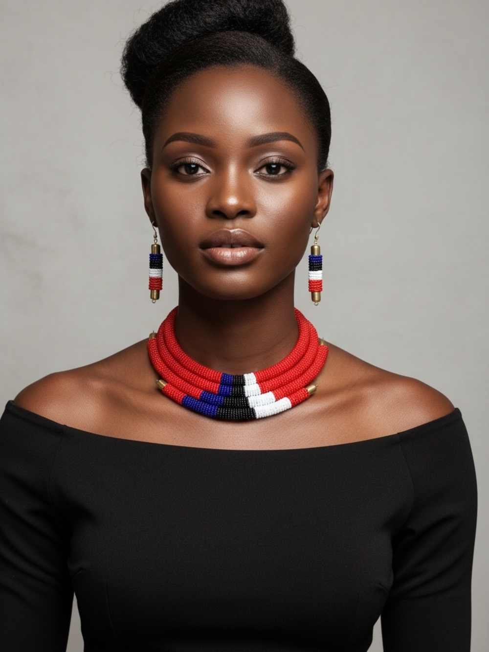 Handcrafted Red Multi-Color Beaded Collar Necklace and Earrings Set